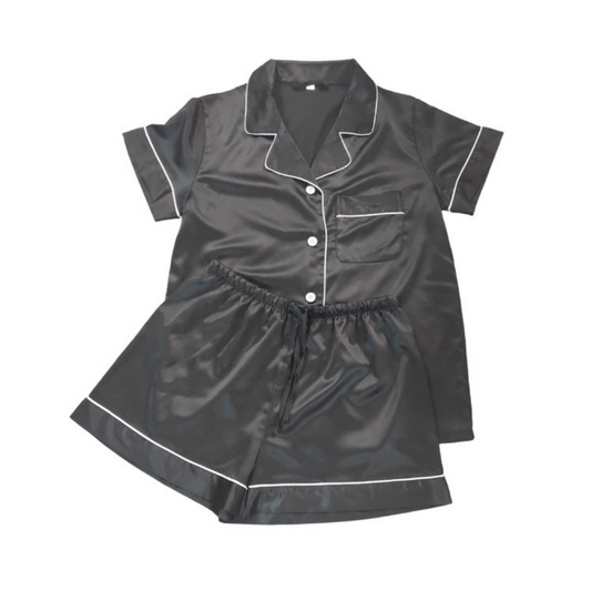 ADULT SATIN PYJAMAS - SHORT SLEEVE CHARCOAL (Black)