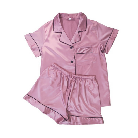 ADULT SATIN PYJAMAS - SHORT SLEEVE DUSTY ROSE