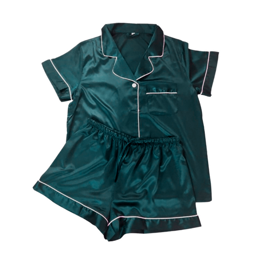 ADULT SATIN PYJAMAS - SHORT SLEEVE EVERGREEN