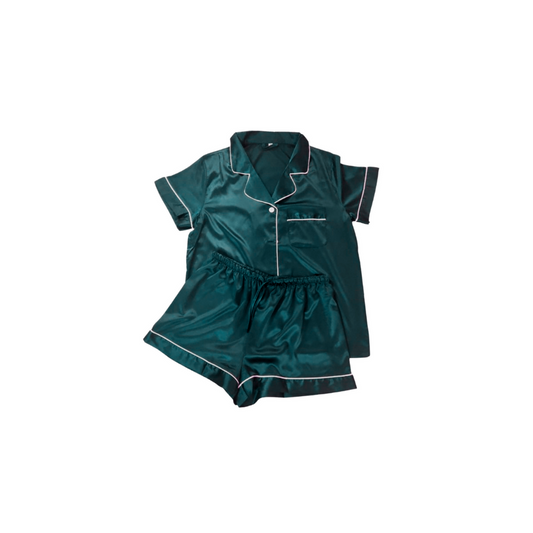 JUNIOR  SATIN PYJAMAS - SHORT SLEEVE EVERGREEN