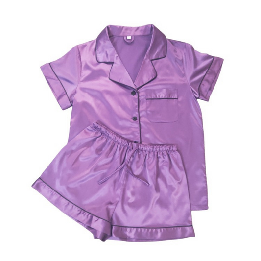 ADULT SATIN PYJAMAS - SHORT SLEEVE LAVENDER
