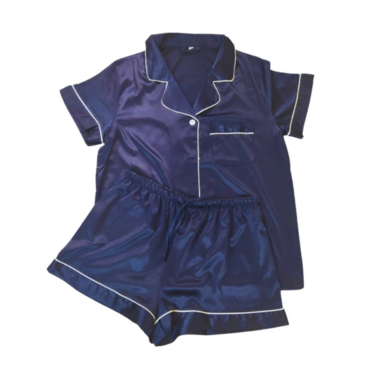 ADULT SATIN PYJAMAS - SHORT SLEEVE MIDNIGHT (Navy)