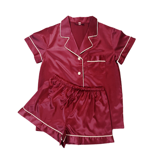 ADULT SATIN PYJAMAS - SHORT SLEEVE RUBY RED